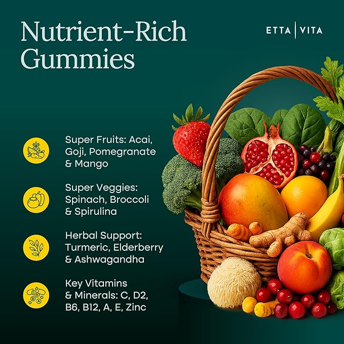 (120 Chews) Fruits and Veggies Supplement - Super Greens Gummies (9 Superfruits & 30 Veggies) Mushrooms, Fruit and Vegetable Vitamins, Non-GMO, Pectin-Based, Gluten-Free, No Capsules