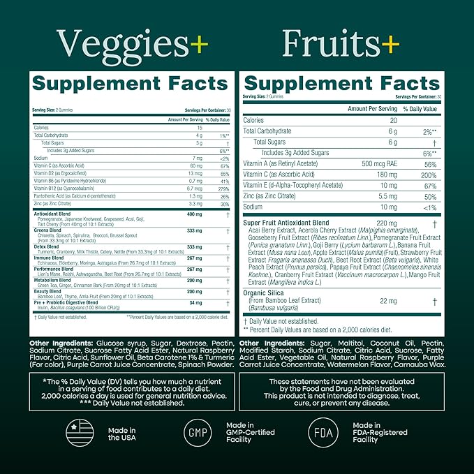 (120 Chews) Fruits and Veggies Supplement - Super Greens Gummies (9 Superfruits & 30 Veggies) Mushrooms, Fruit and Vegetable Vitamins, Non-GMO, Pectin-Based, Gluten-Free, No Capsules